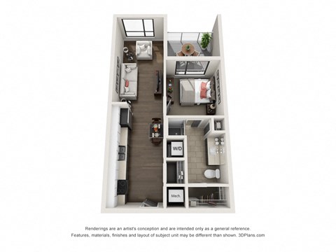 Floor plan for 1 bed, 1 bath, 574 sqft